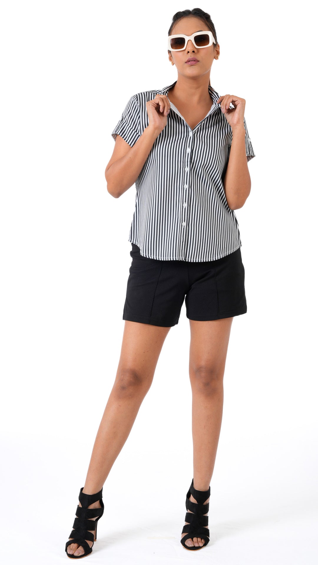 Black Zebra Stripe A Chhori Hip Length Shirt