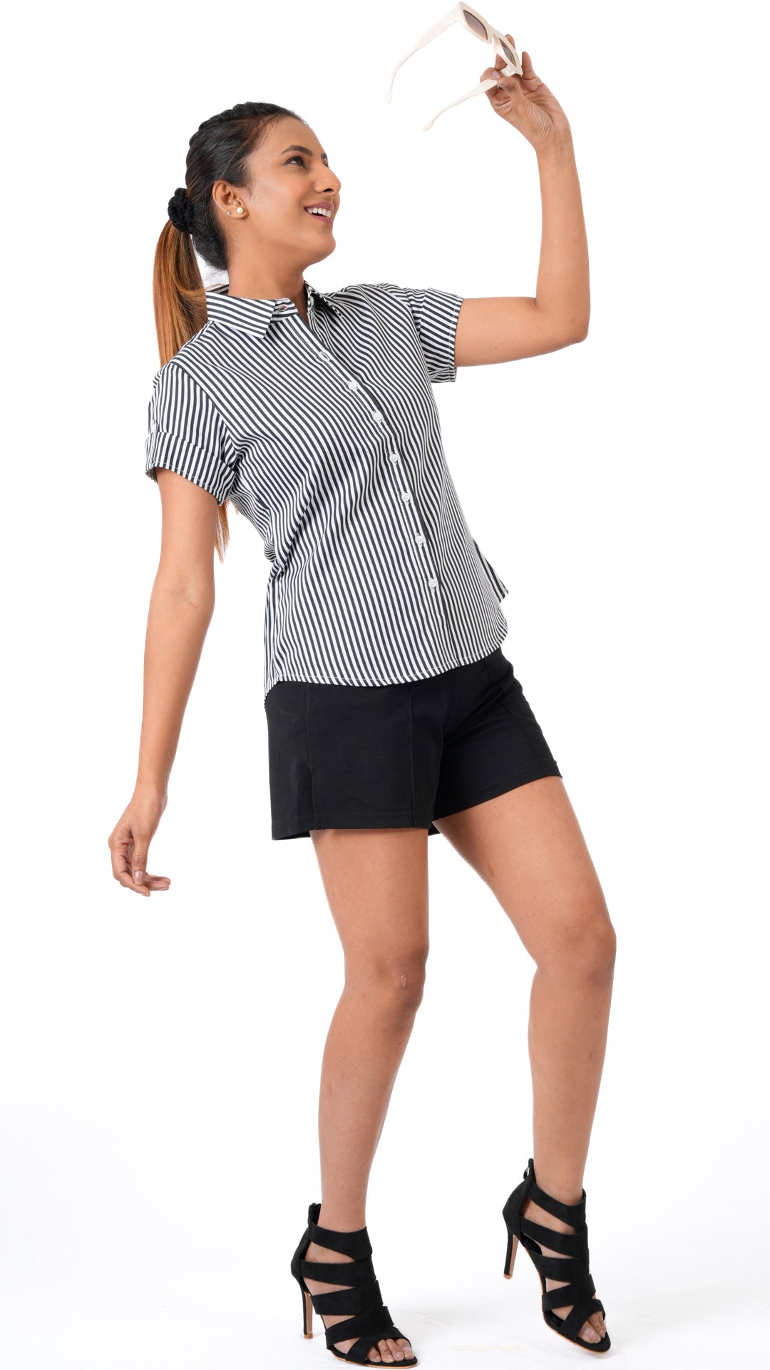 Black Zebra Stripe A Chhori Hip Length Shirt