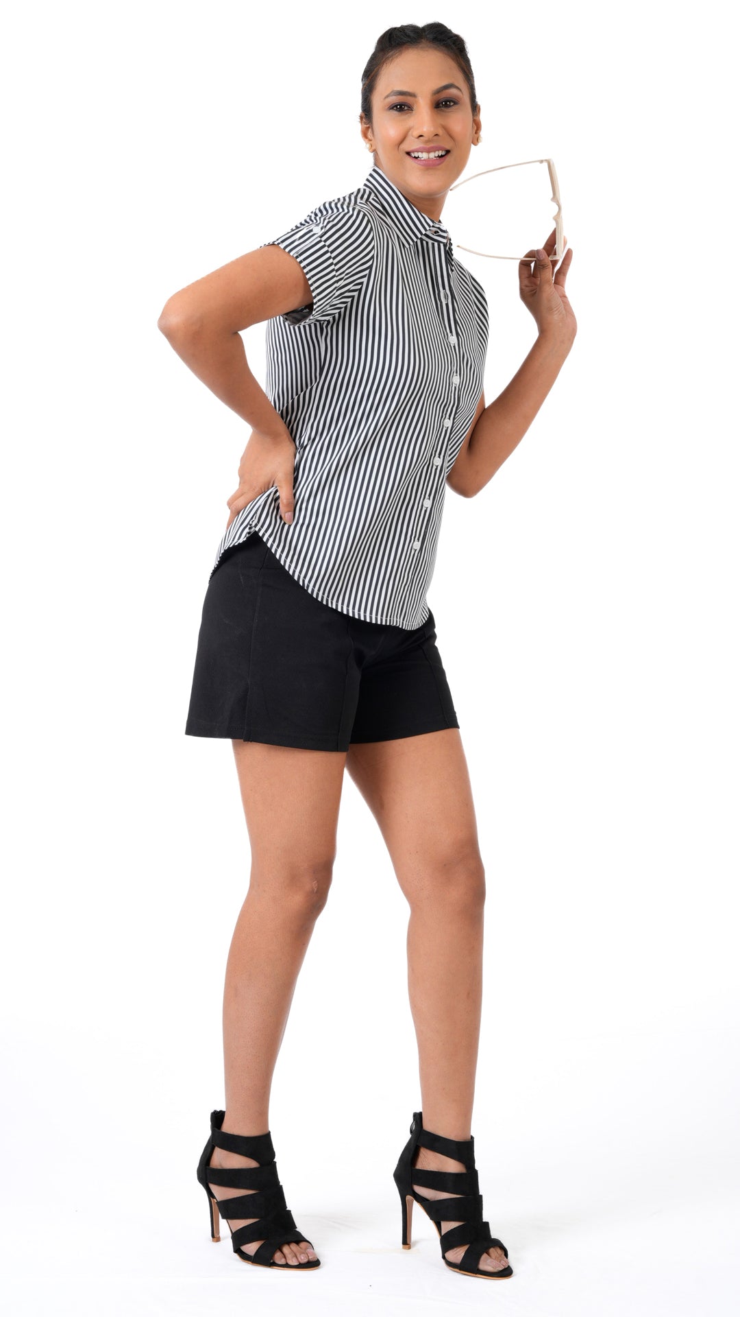 Black Zebra Stripe A Chhori Hip Length Shirt
