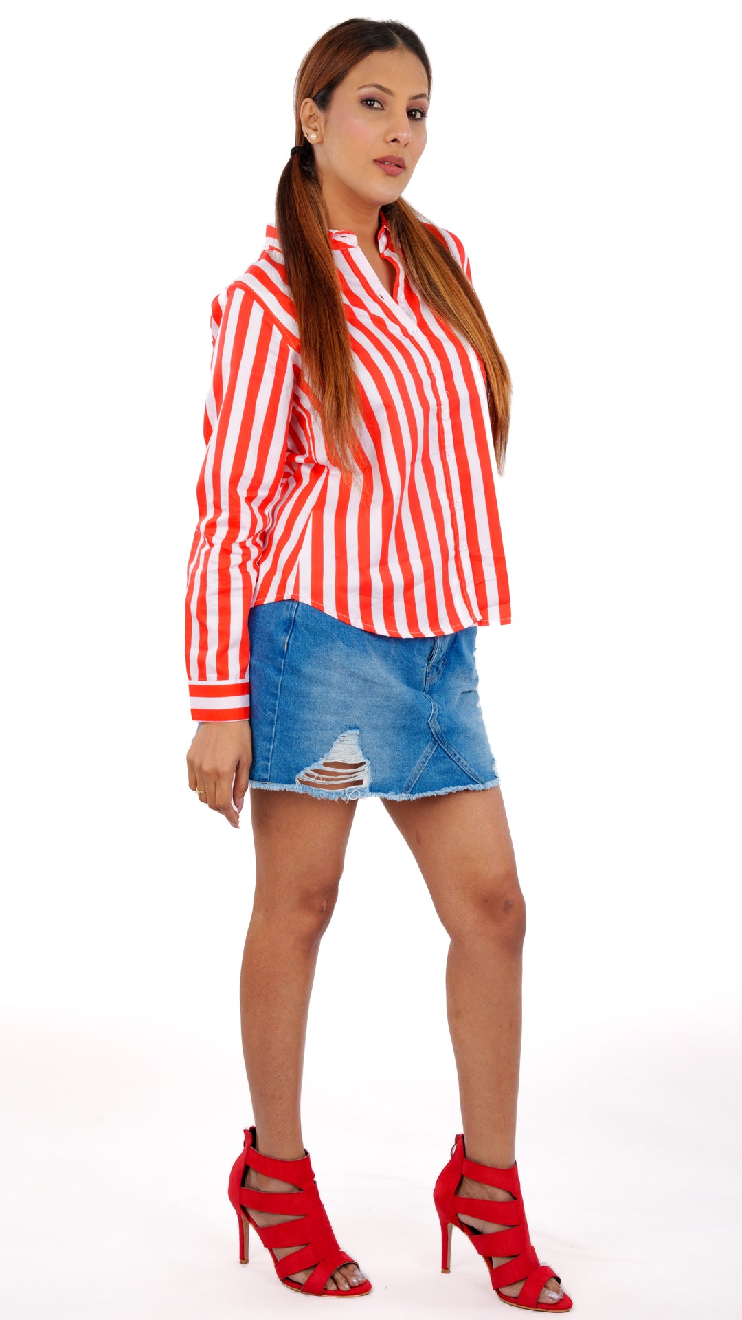 Red Stripes A Chhori Hip Length Full Sleeve Shirt