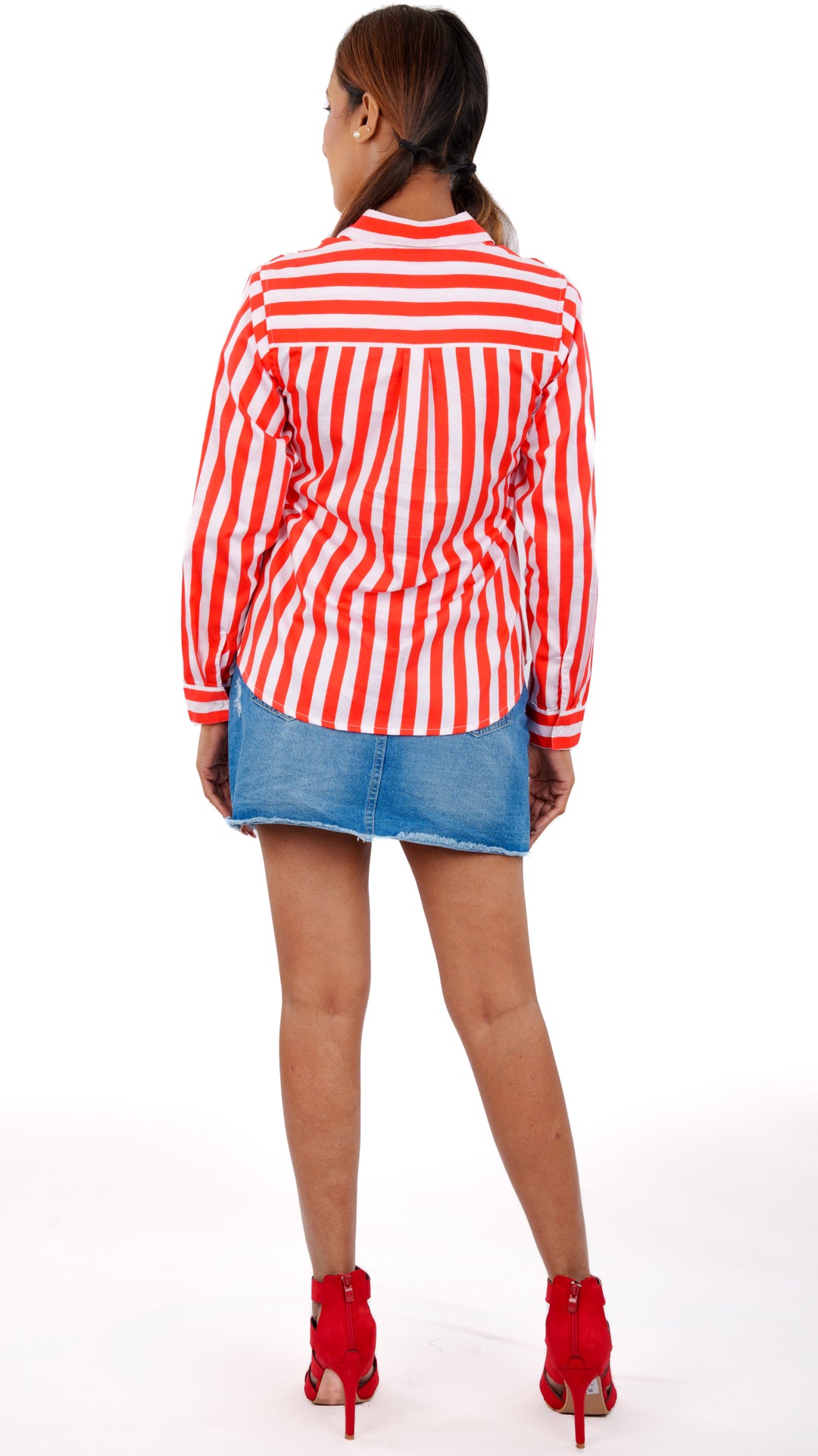 Red Stripes A Chhori Hip Length Full Sleeve Shirt