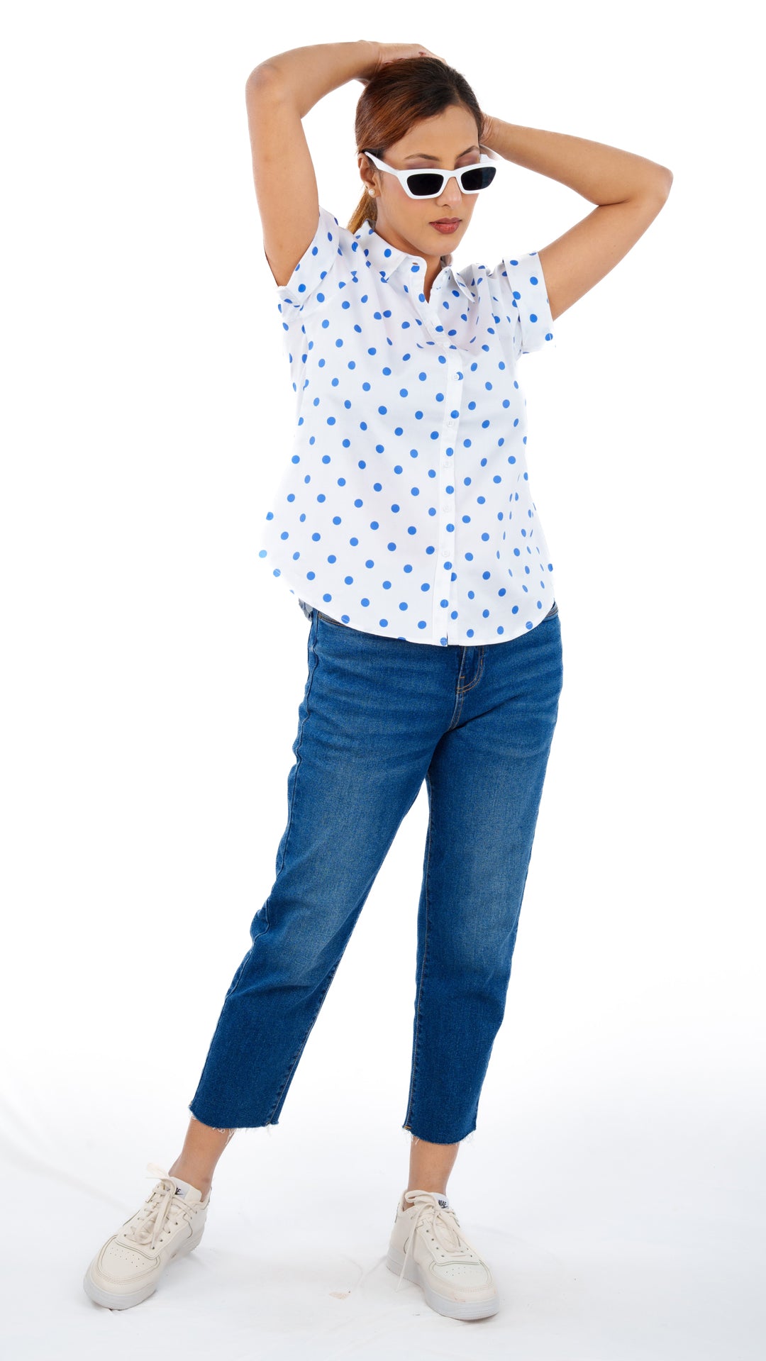 Royal Blue Polka A Chhori Hip Length Shirt