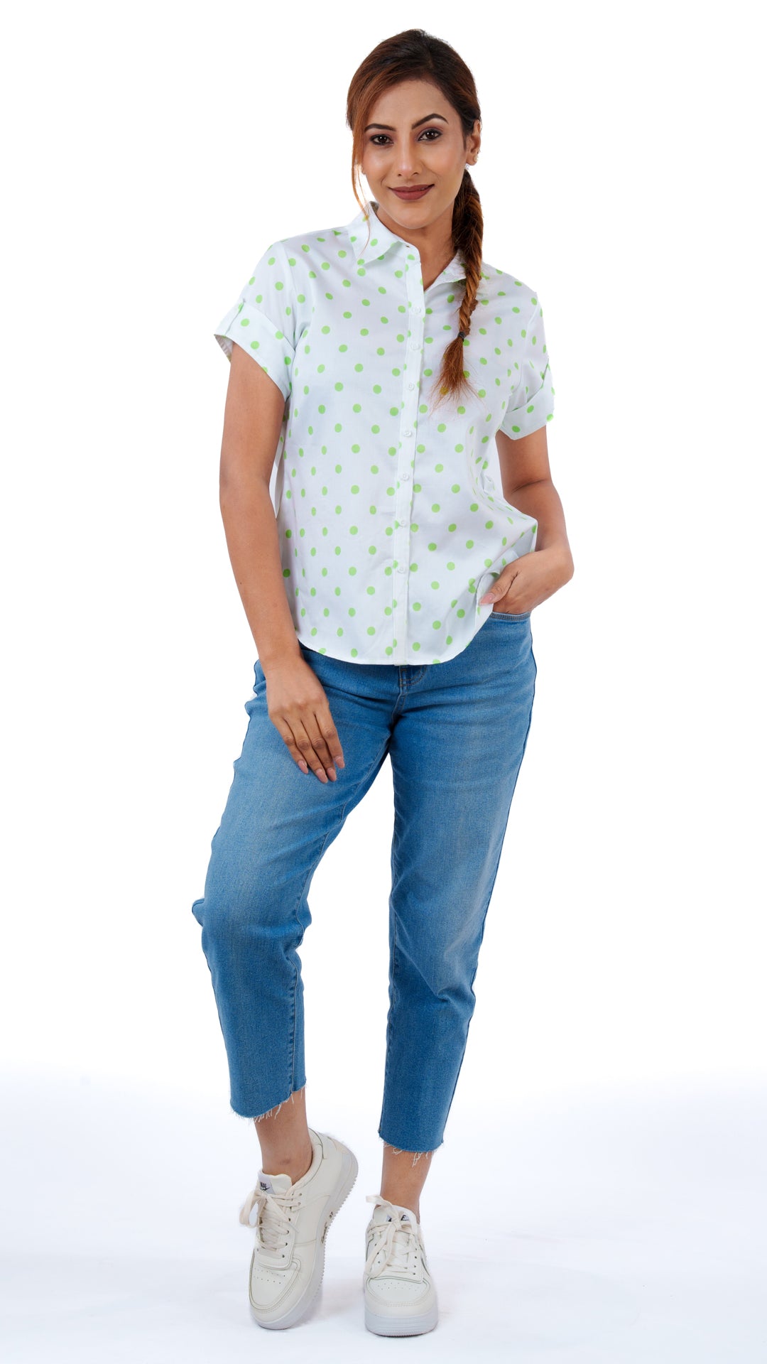 Spring Green Polka A Chhori Hip Length Shirt