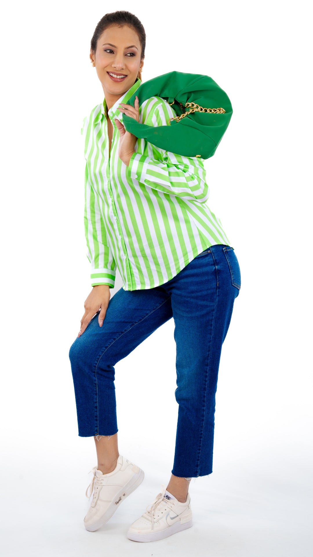 Spring Green Stripes A Chhori Hip Length Full Sleeve Shirt