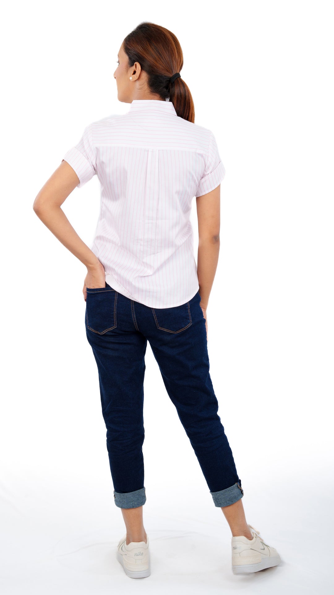 Thin Pink Stripe A Chhori Hip Length Shirt