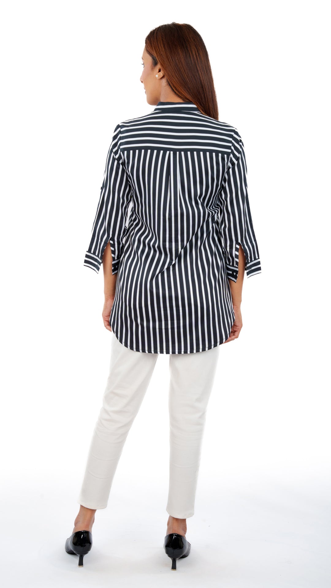 White Black Stripe A Chhori Hip Covered Shirt