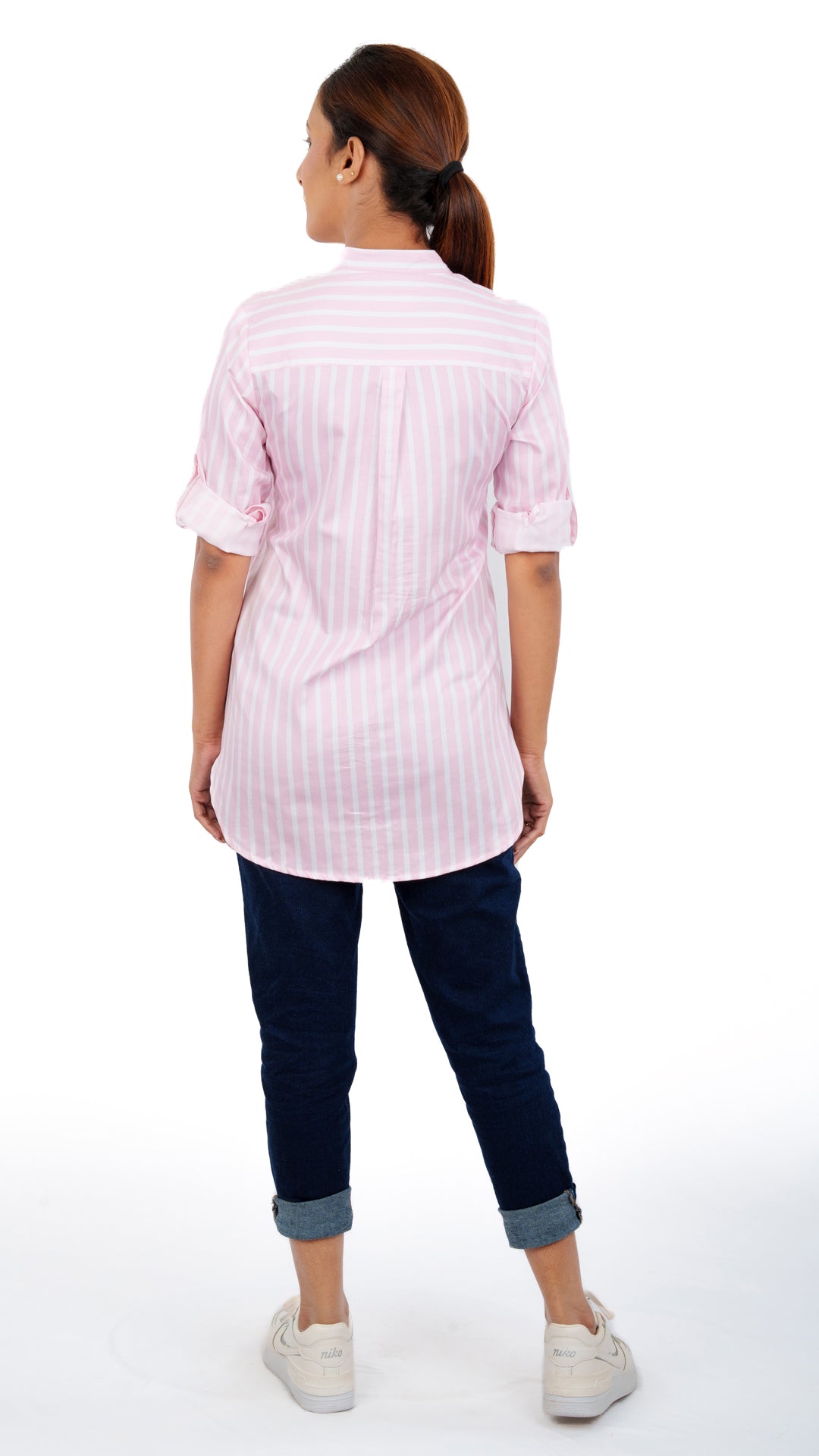 White Pink Stripe A Chhori Hip Covered Shirt