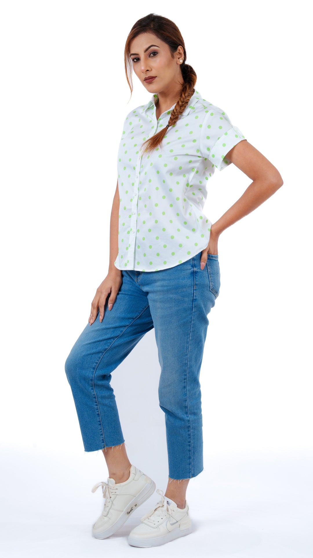 Spring Green Polka A Chhori Hip Length Shirt