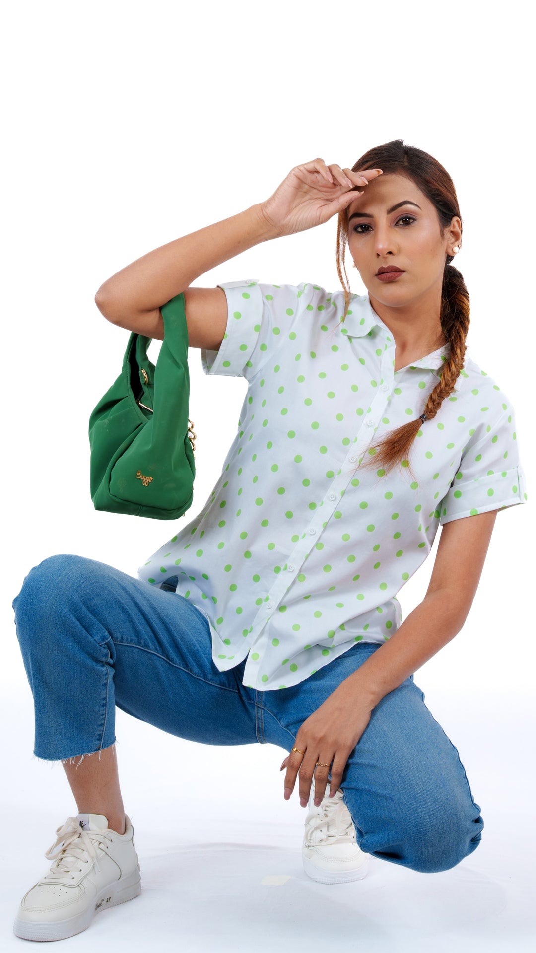Spring Green Polka A Chhori Hip Length Shirt
