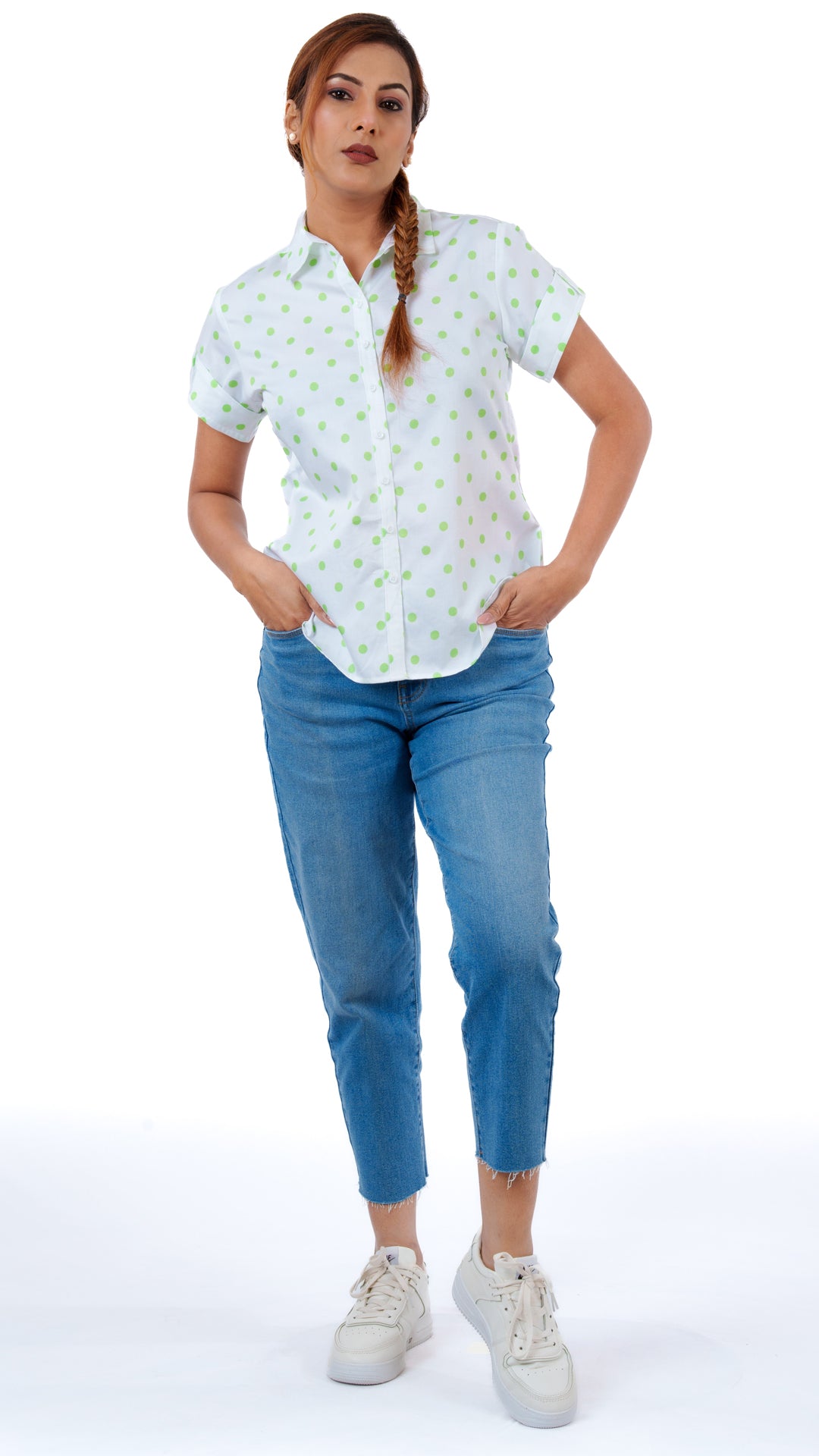 Spring Green Polka A Chhori Hip Length Shirt
