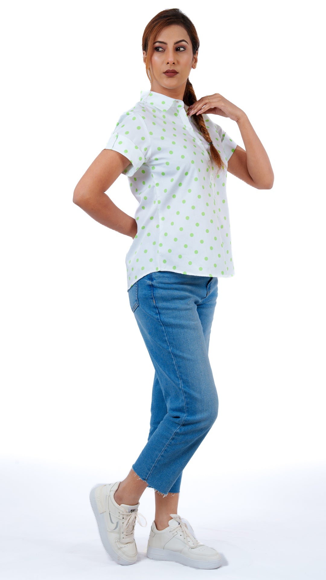 Spring Green Polka A Chhori Hip Length Shirt