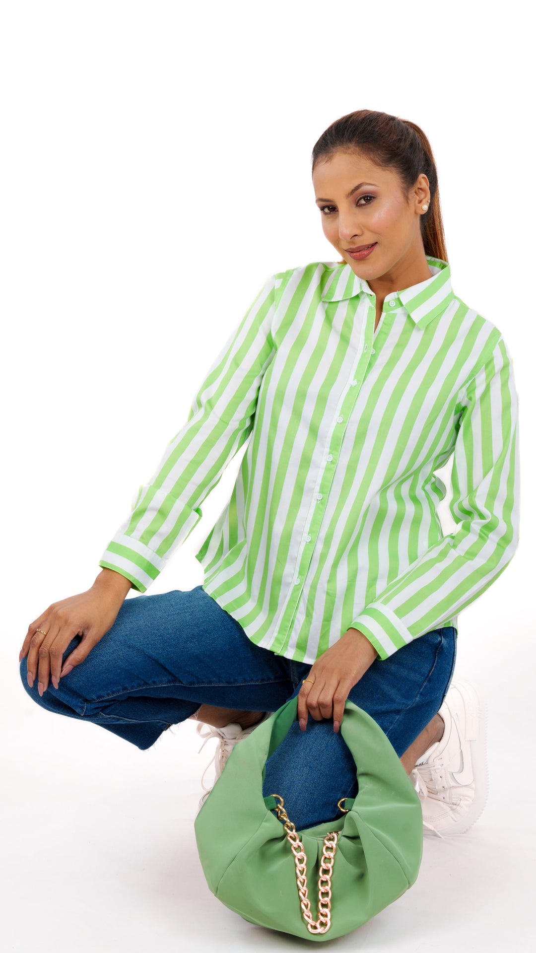 Spring Green Stripes A Chhori Hip Length Full Sleeve Shirt