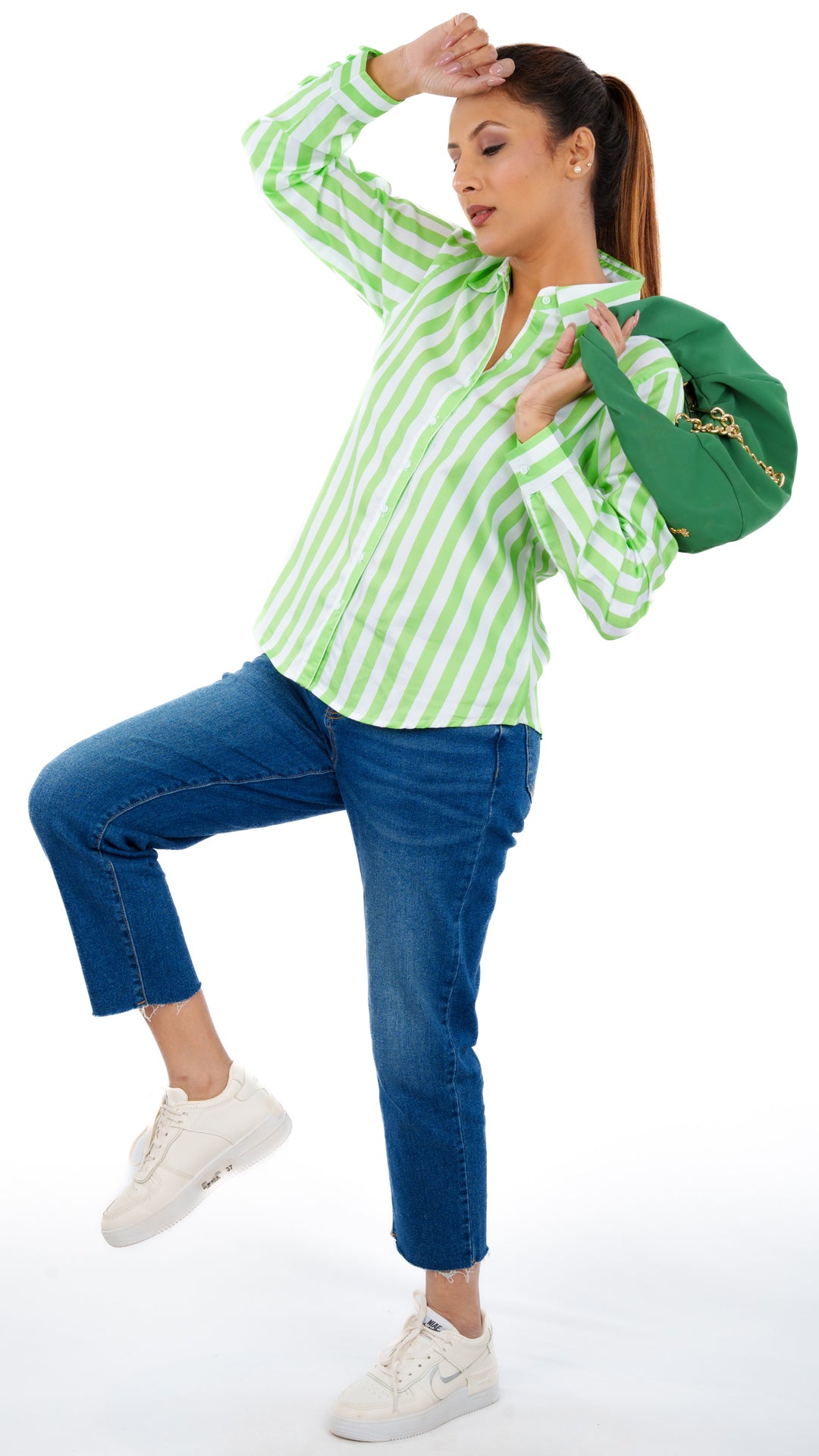 Spring Green Stripes A Chhori Hip Length Full Sleeve Shirt