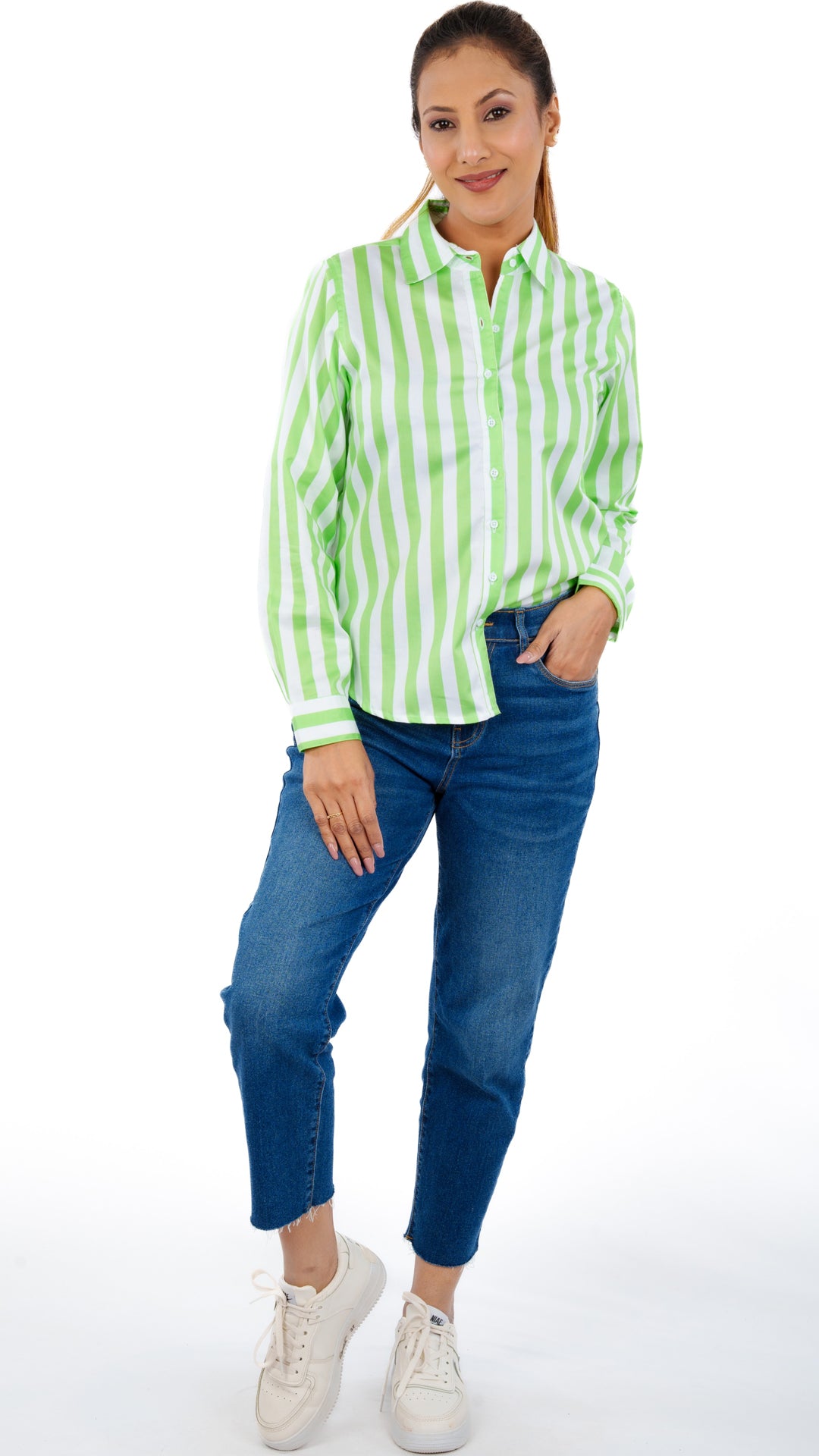 Spring Green Stripes A Chhori Hip Length Full Sleeve Shirt