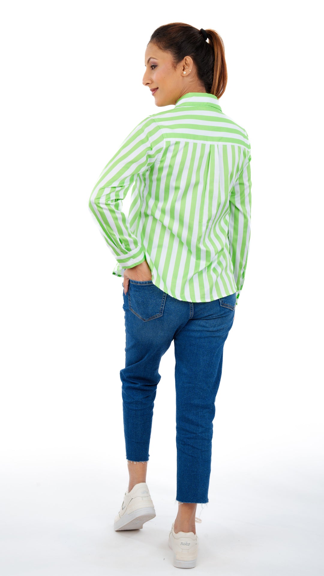 Spring Green Stripes A Chhori Hip Length Full Sleeve Shirt