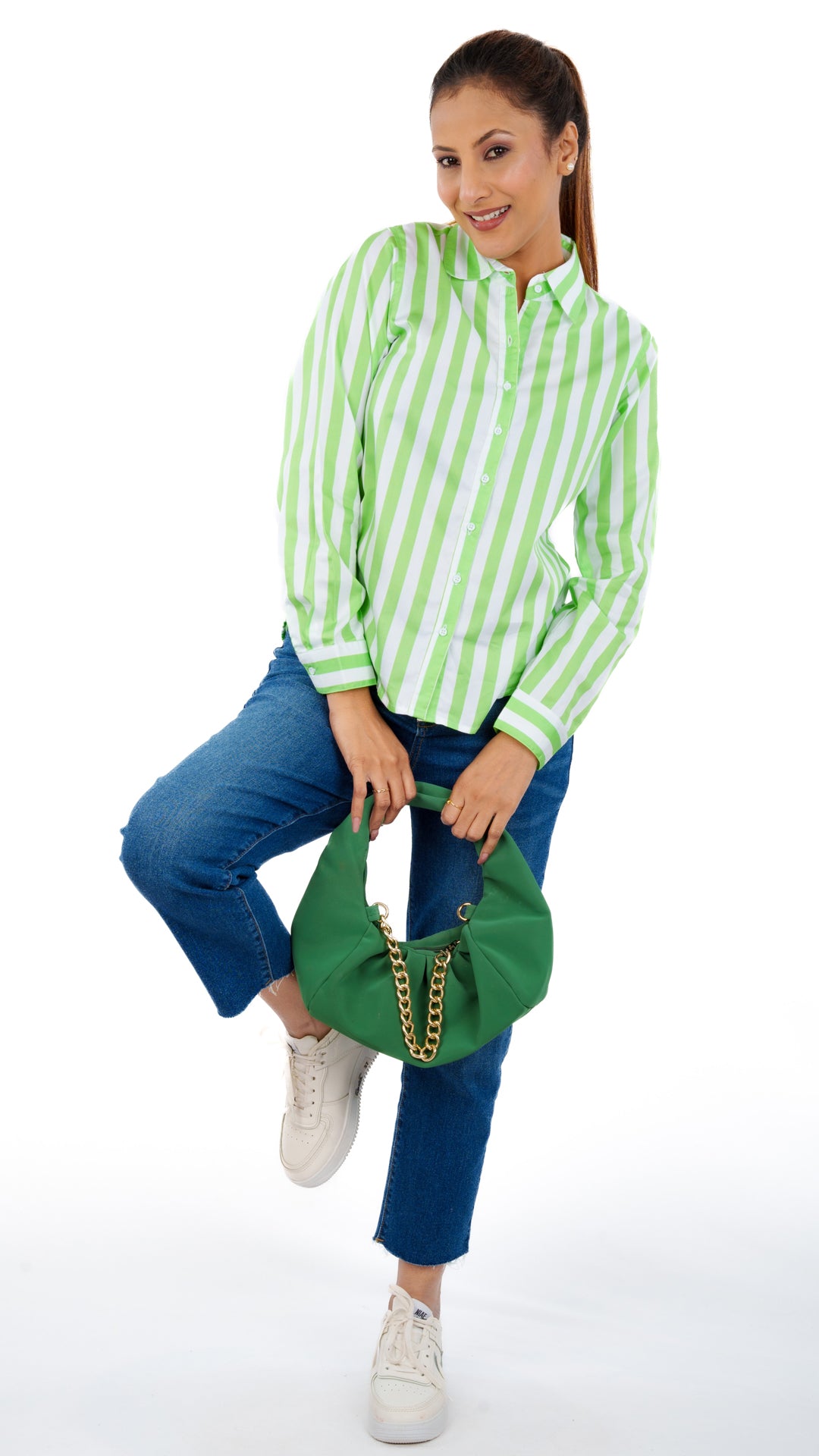 Spring Green Stripes A Chhori Hip Length Full Sleeve Shirt